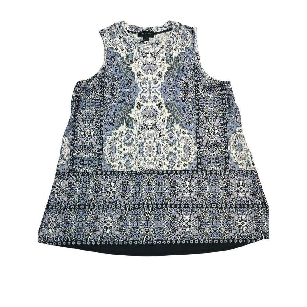 AB Studio Size L Sleeveless Tunic Top Blue Medallion Paisley Border Print
